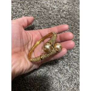 gold-toned hinged bangle bracelet, detailed‎ design with stones & 2 Large Pearls